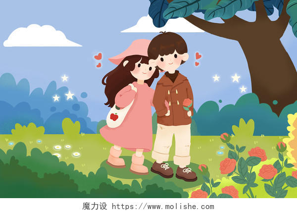 情人节插画可爱情人节情侣牵手逛公园背景海报素材